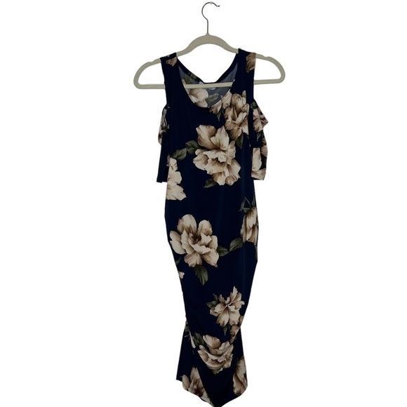 MY Bump Addison Maternity Navy Floral Cold Shoulder Fall Bodycon Dress size XL - Picture 6 of 16